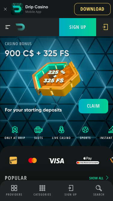 Drip Casino Homepage Mobile