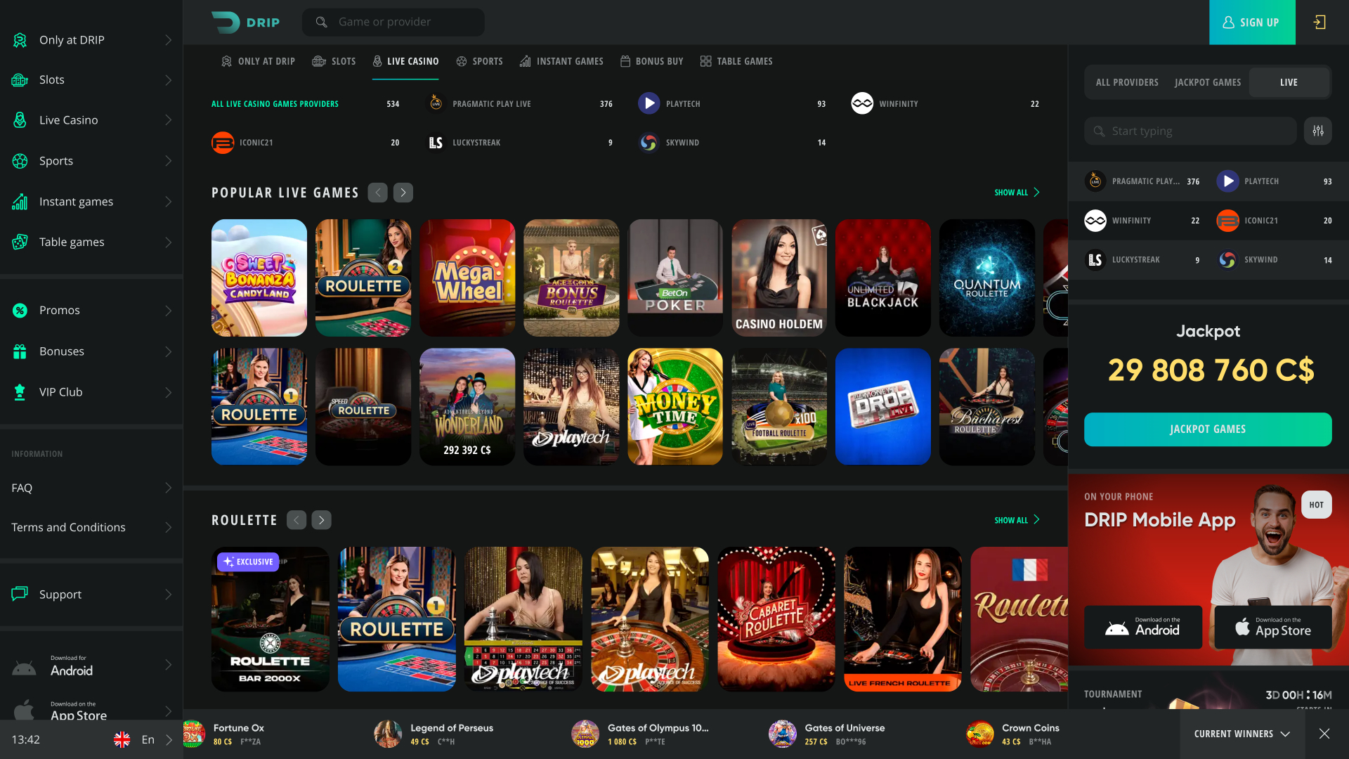 Drip Casino Live Dealer Desktop
