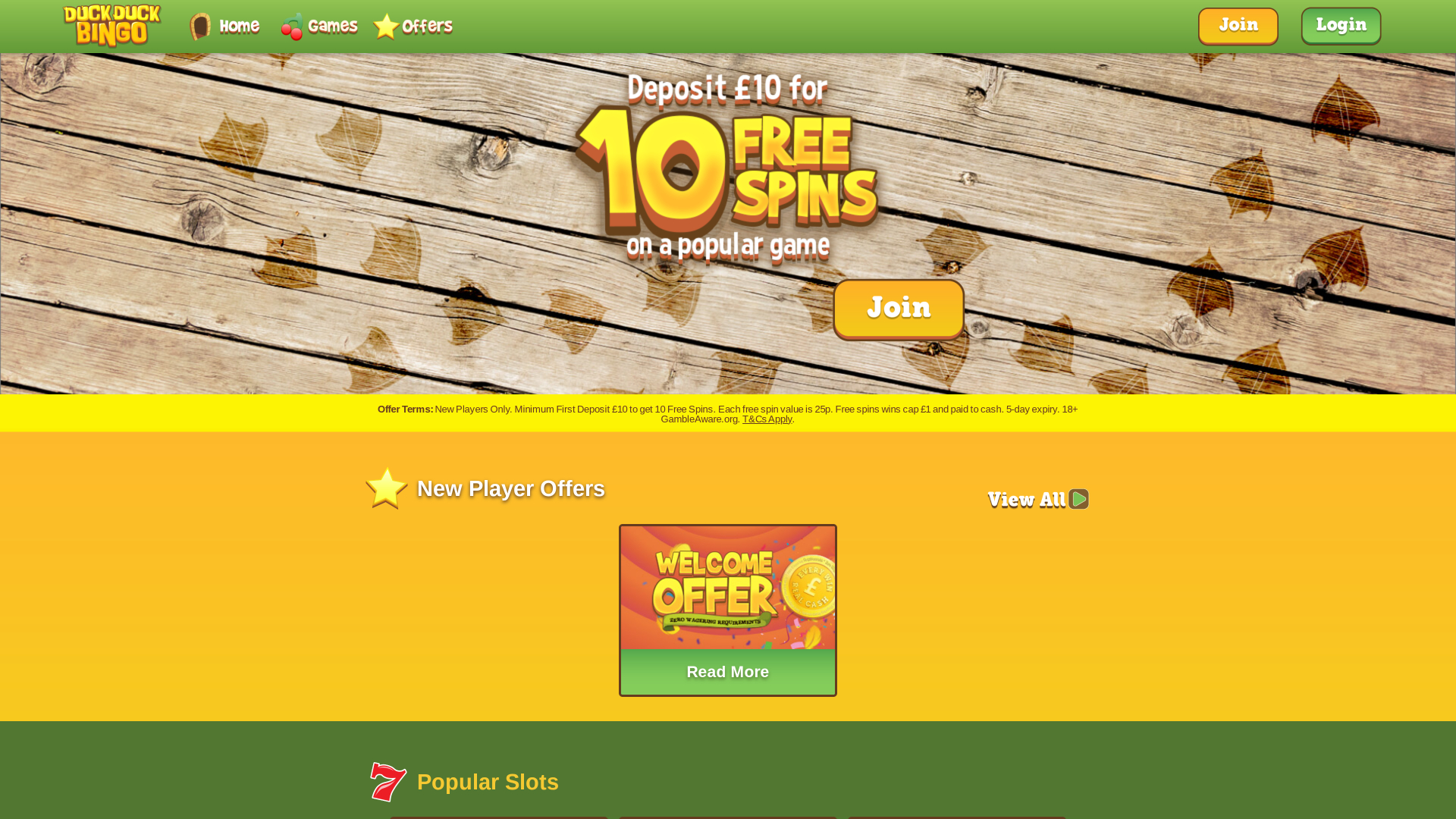 Page d'accueil de Duck Duck Bingo (version ordinateur)