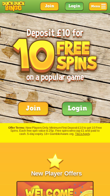 Page d'accueil mobile de Duck Duck Bingo