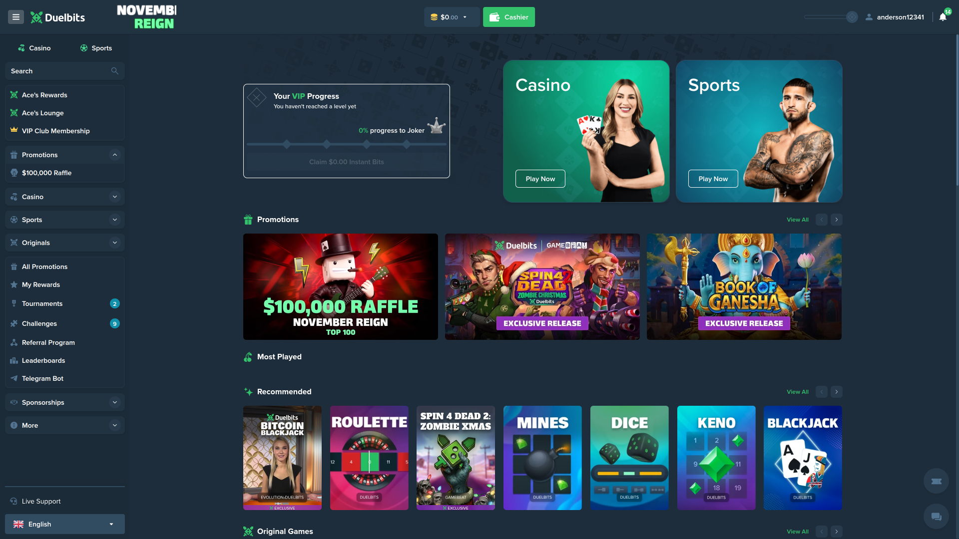 Page d’accueil du casino Duelbits Desktop