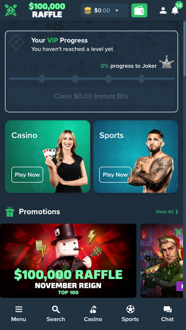 Page d'accueil mobile du casino Duelbits