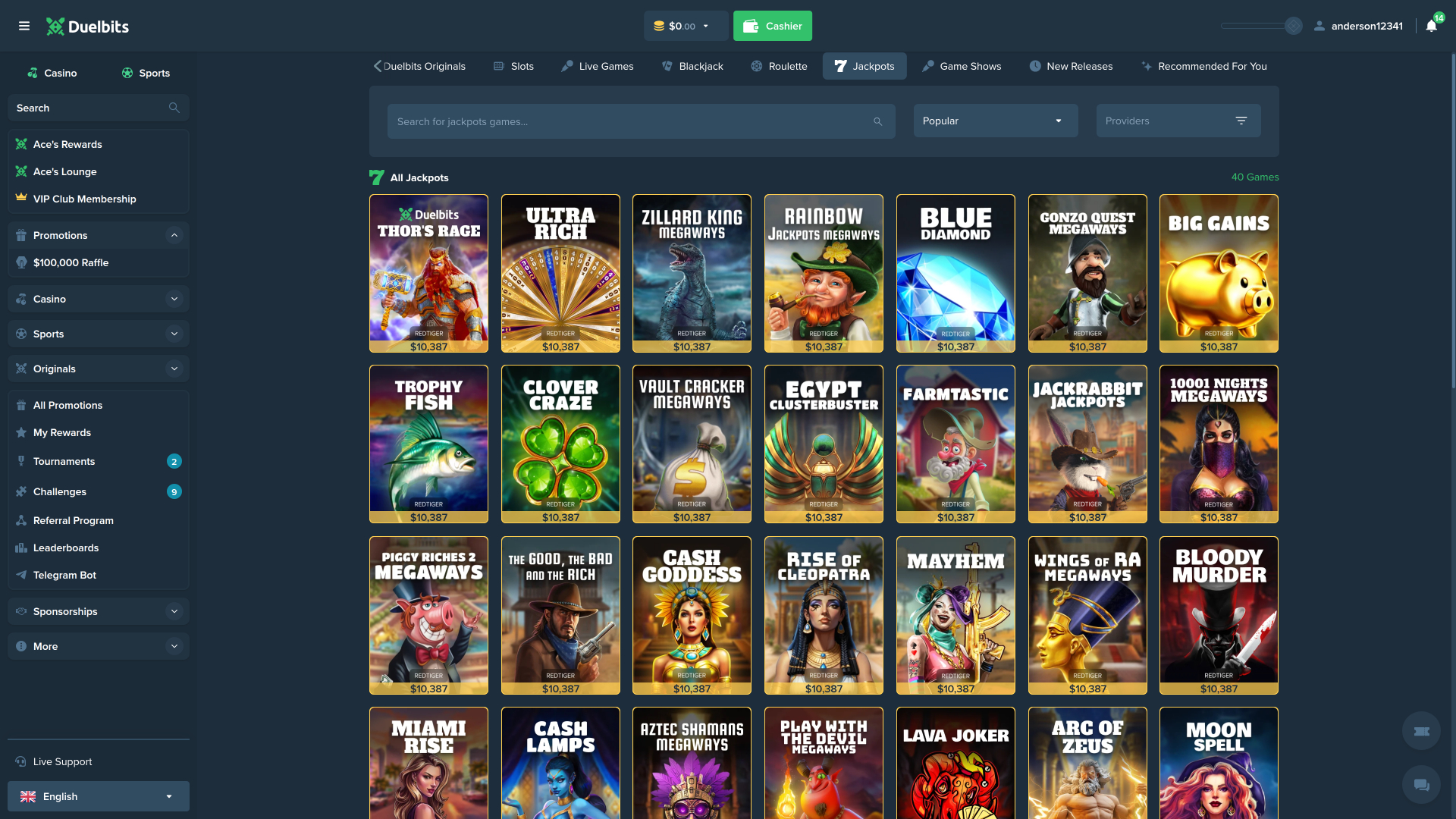 Jackpot du casino Duelbits Desktop