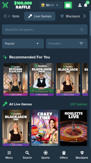 Duelbits Casino Live Croupier Mobile