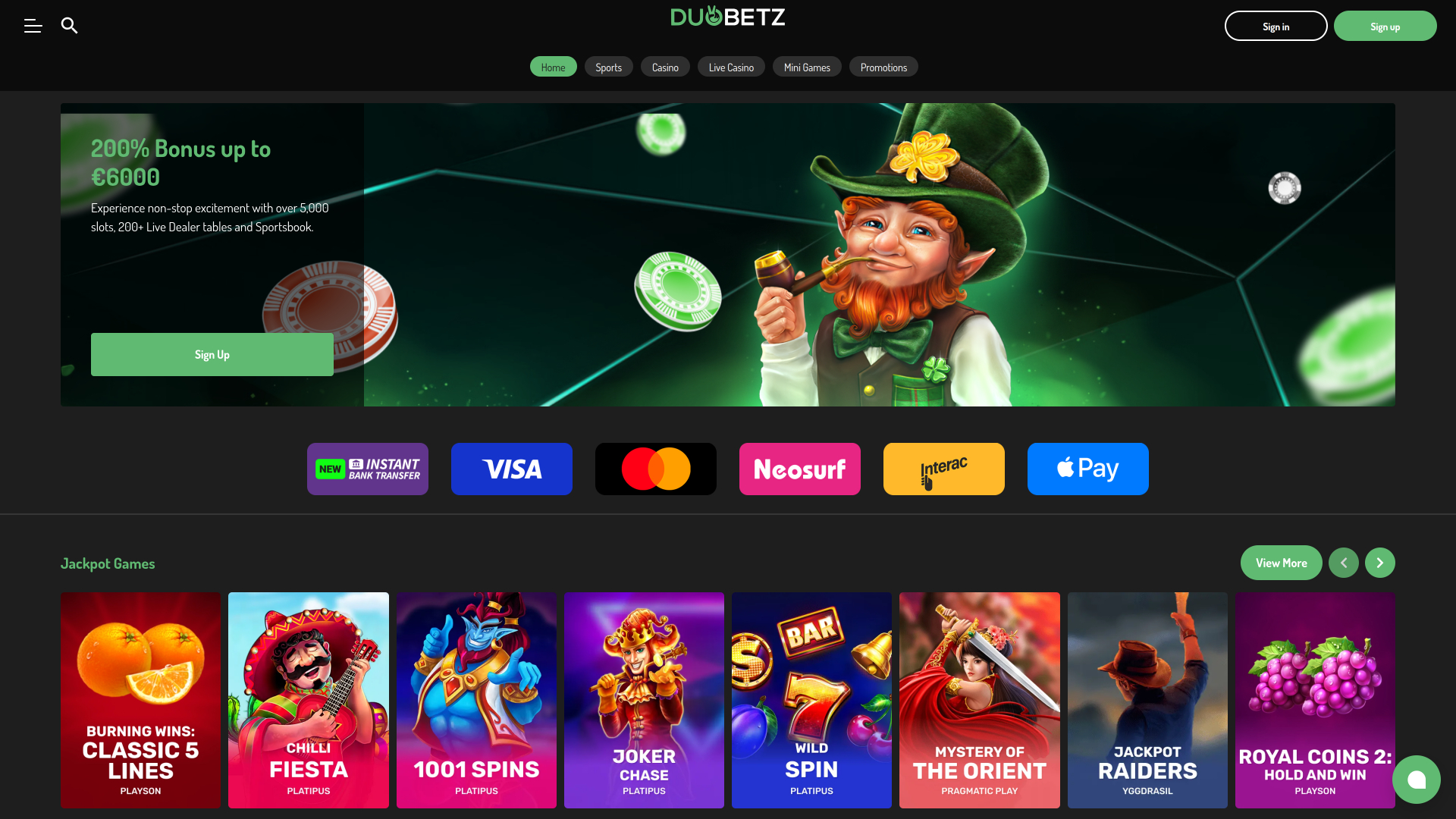 Página de inicio del casino Duobetz para escritorio