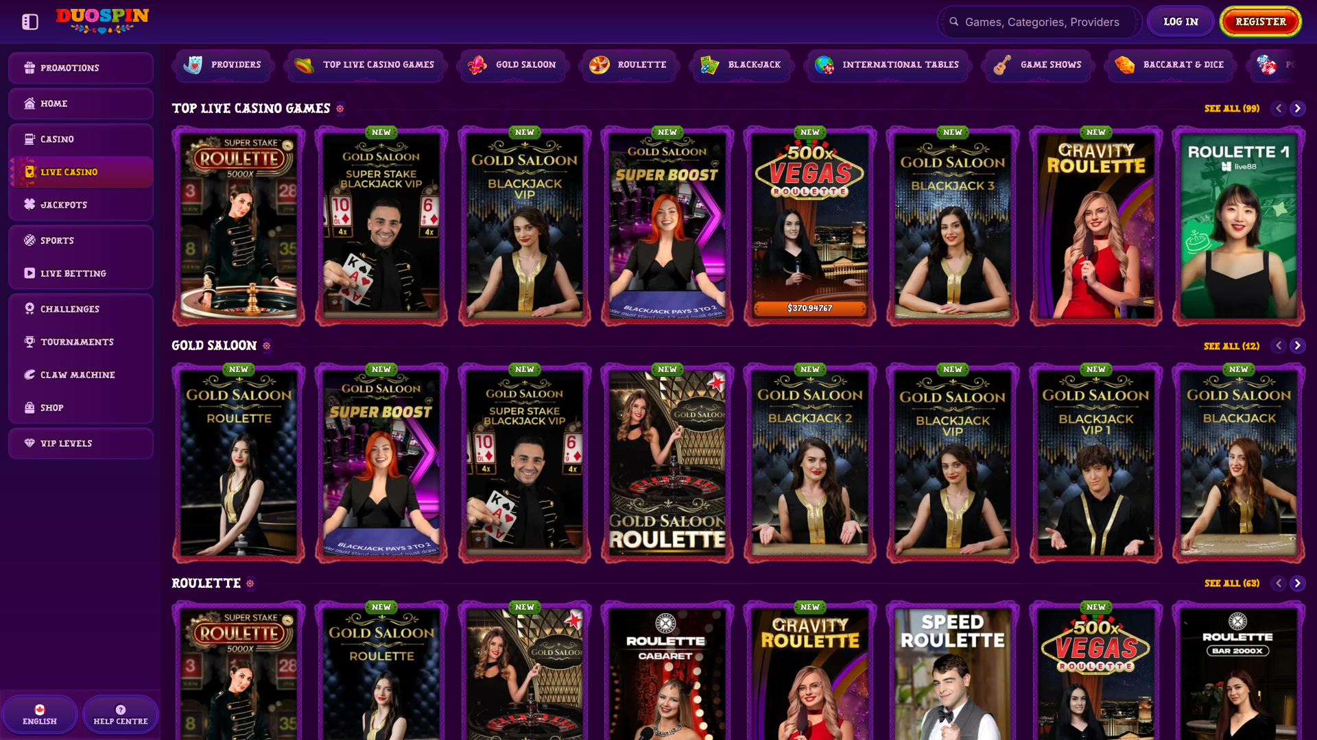 Duospin Casino avec croupier en direct sur ordinateur