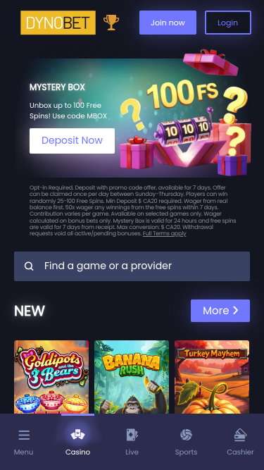 Dynobet Casino Homepage Mobil