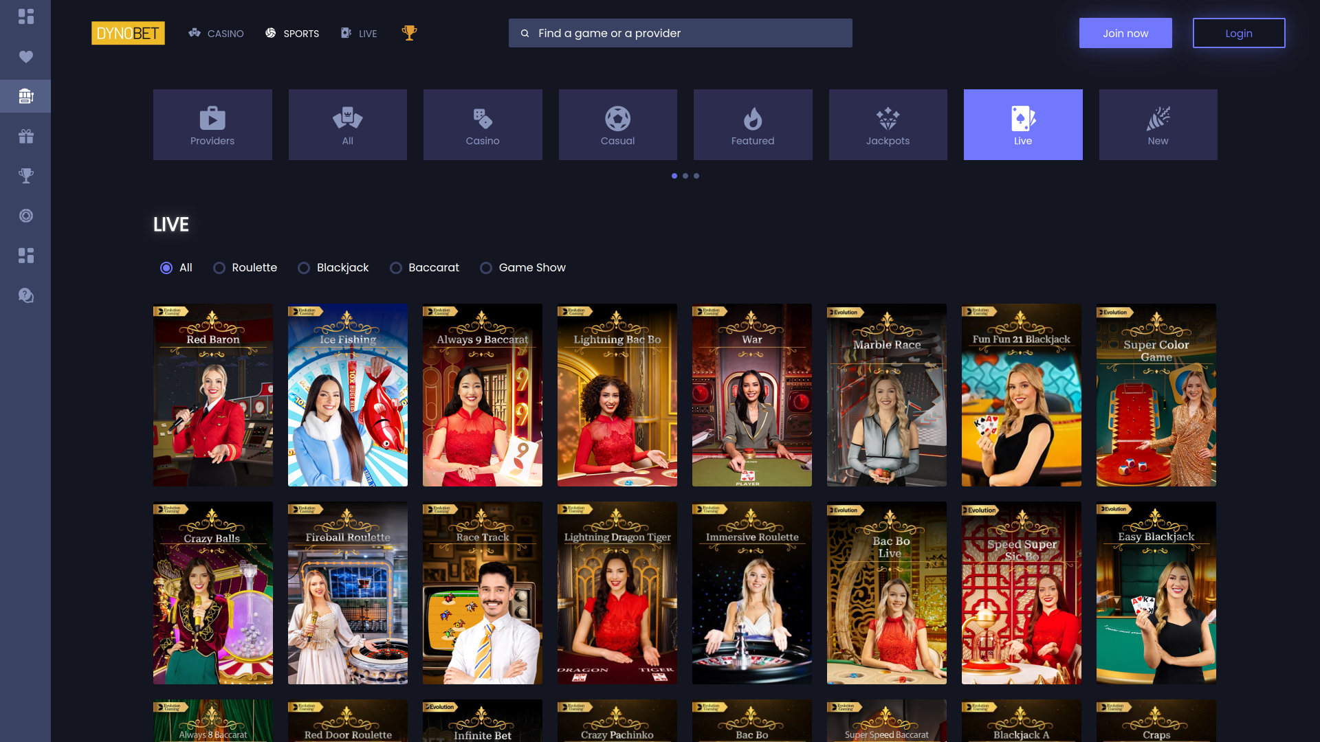 Dynobet Casino Live Dealer Desktop