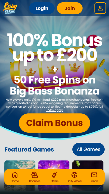 Page d'accueil mobile du casino Easy Slots