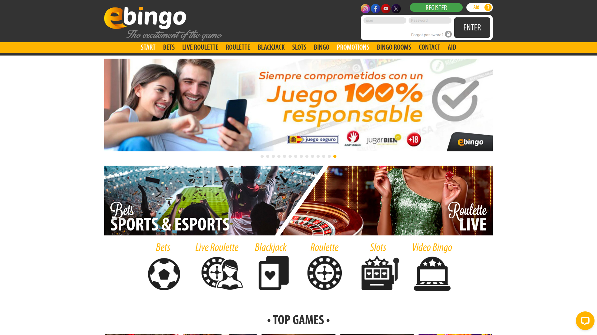 Page d’accueil Ebingo version bureau