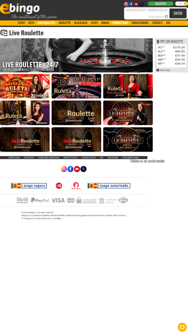 Jeux avec croupier en direct Ebingo version mobile