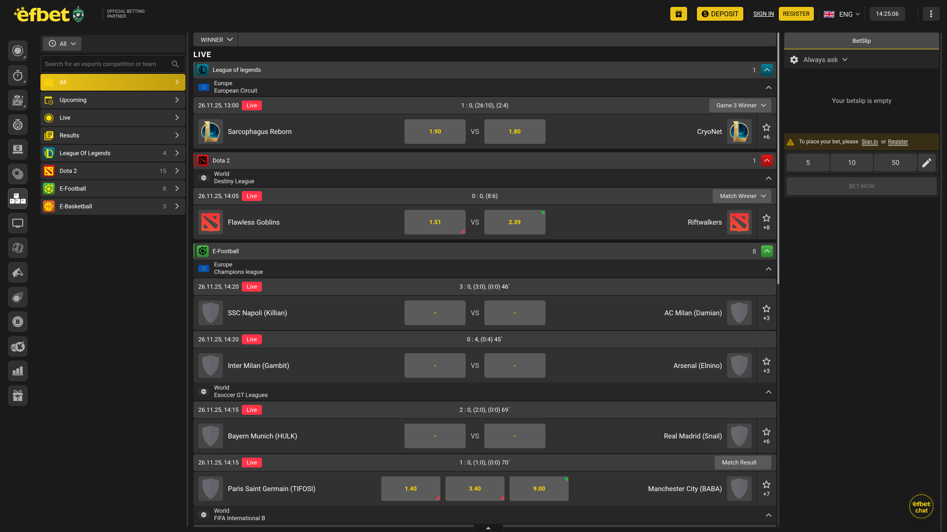 Efbet Live-Sport-Desktop