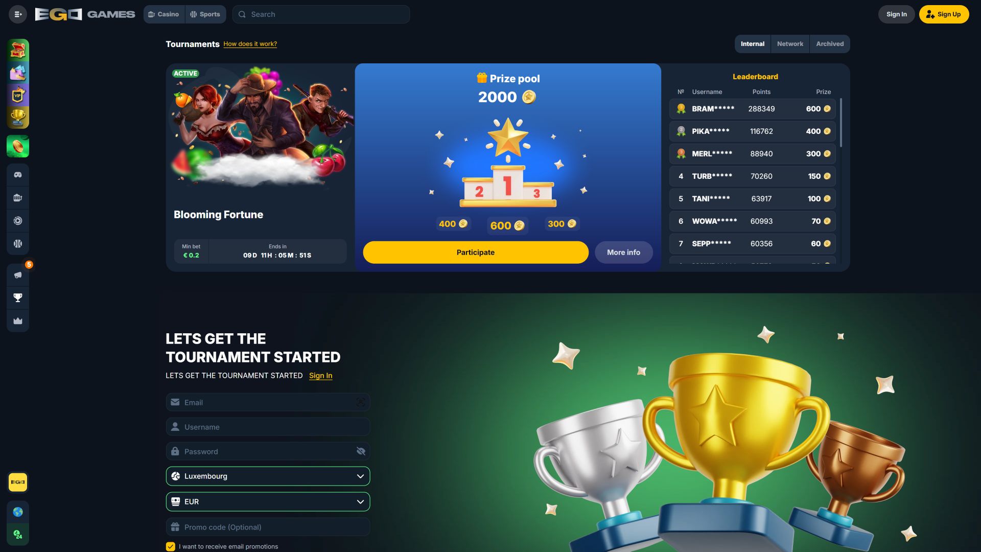 Турниры по казино Ego Games для настольных компьютеров