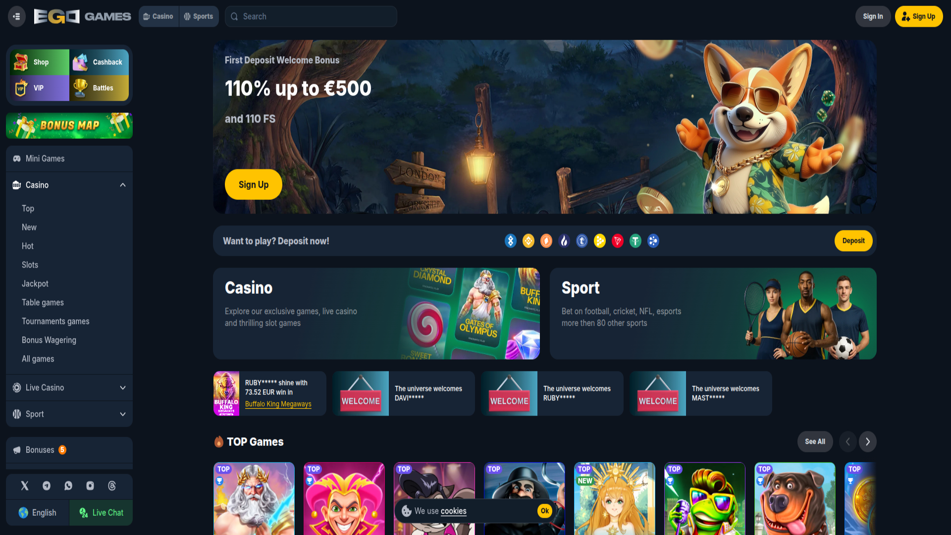 Screenshot der Homepage von Ego Games Casino für Desktop