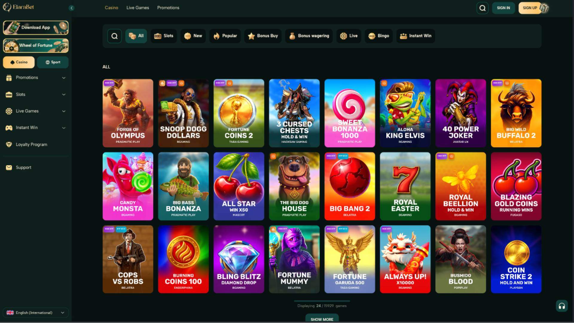 Elarabetカジノのゲームページのスクリーンショット