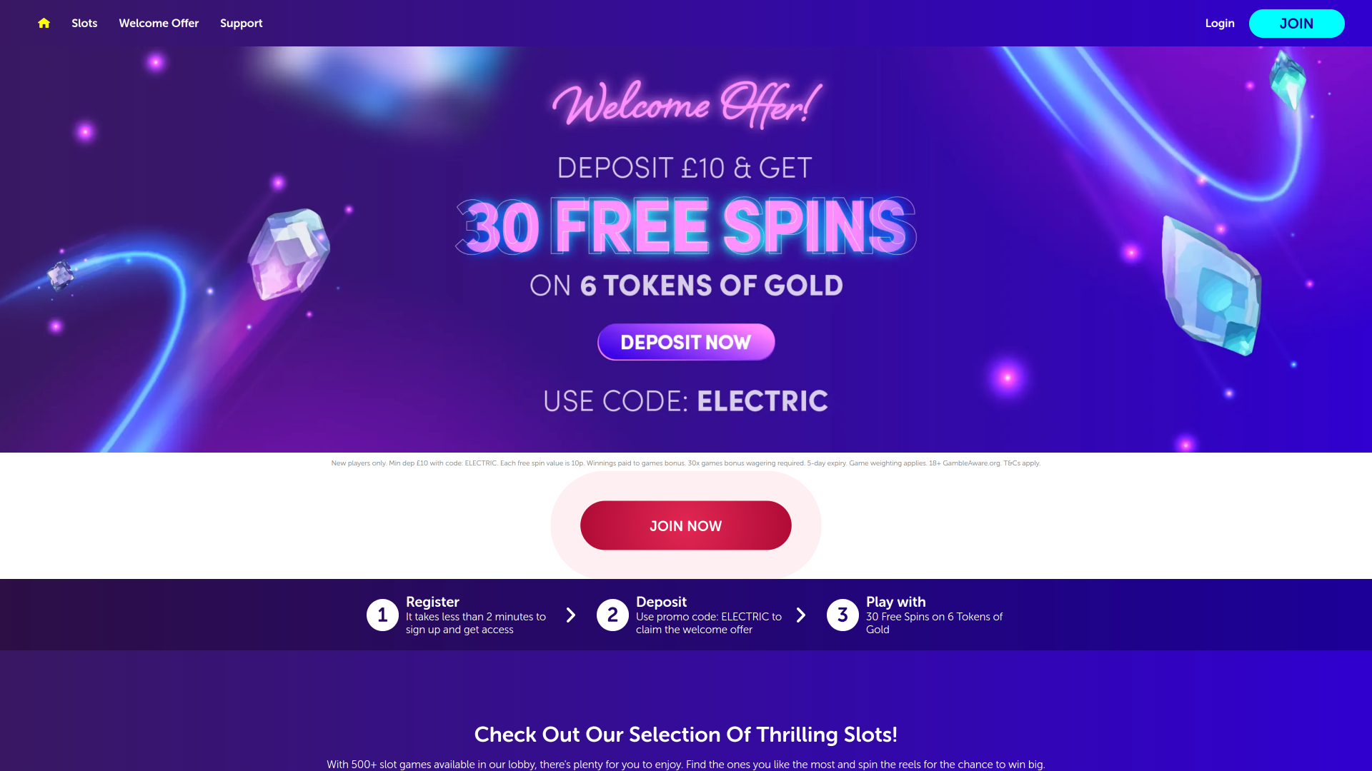 Página de inicio de Electric Spins Casino para escritorio