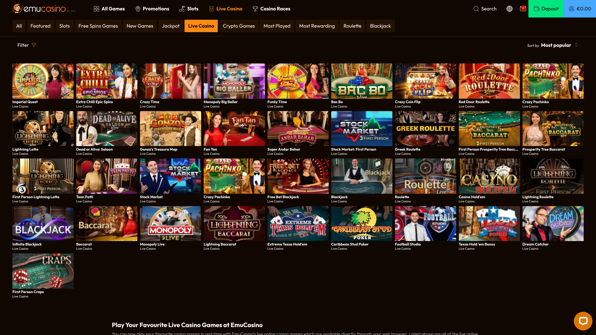 Casino Emu avec croupier en direct Desktop
