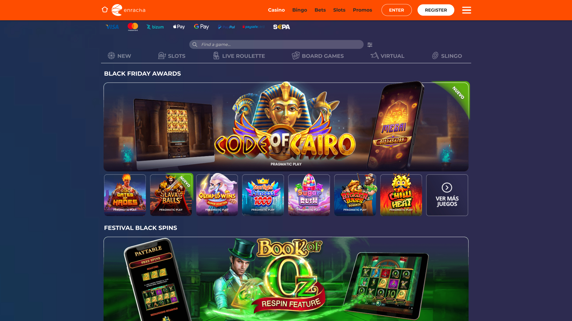 Enracha Casino Homepage Desktop