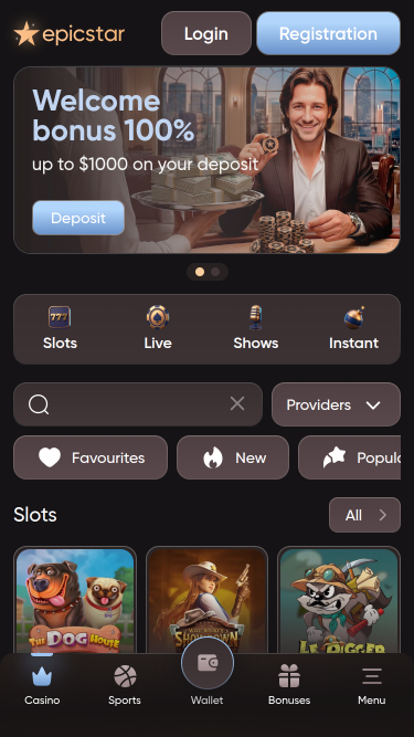 Page d'accueil mobile d'Epicstar Casino