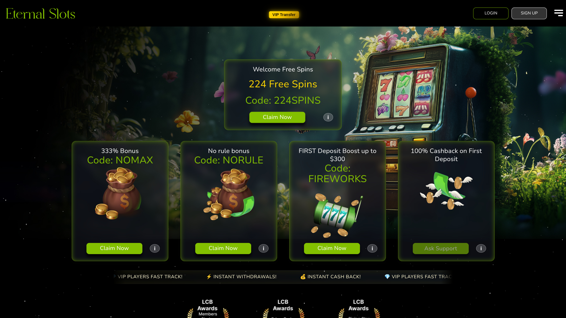 Page d'accueil du casino Eternal Slots version ordinateur