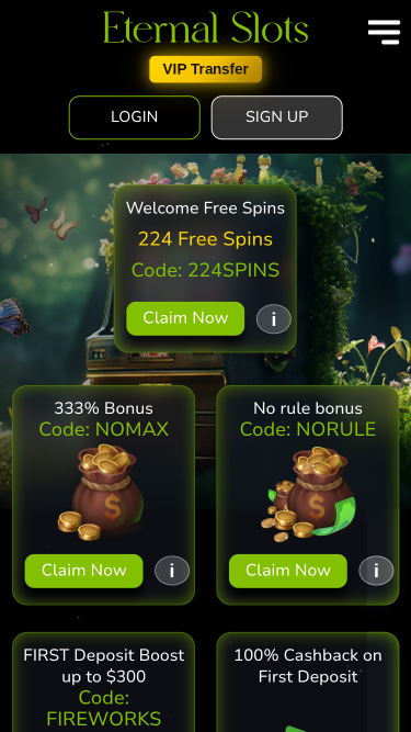 Page d'accueil mobile du casino Eternal Slots