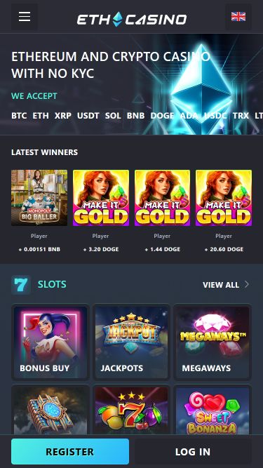 Главная страница мобильного приложения ETH Casino
