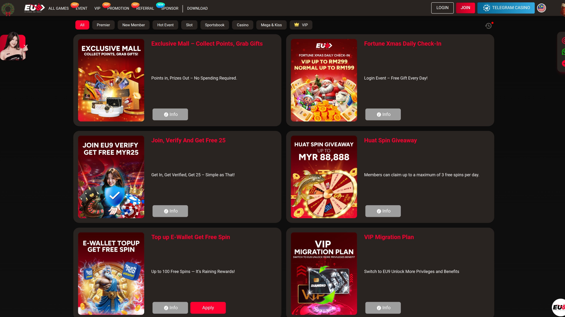 Акции EU9 Casino для настольных компьютеров