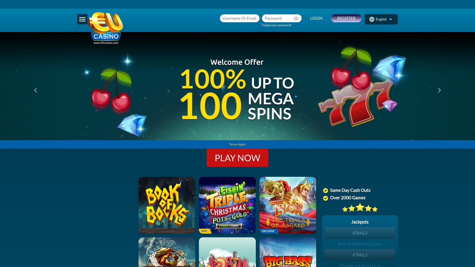 Página de inicio de EUcasino para escritorio