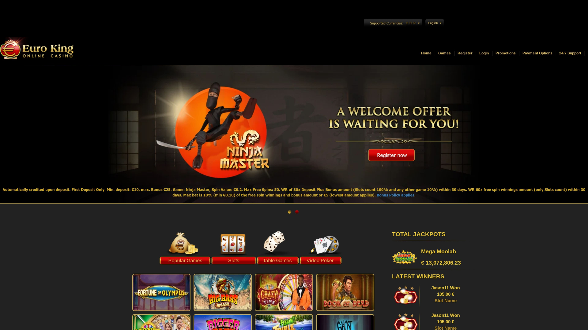 Pagina iniziale del casinò Euro King Desktop