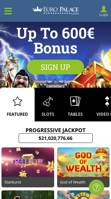 Page d'accueil mobile du casino Euro Palace