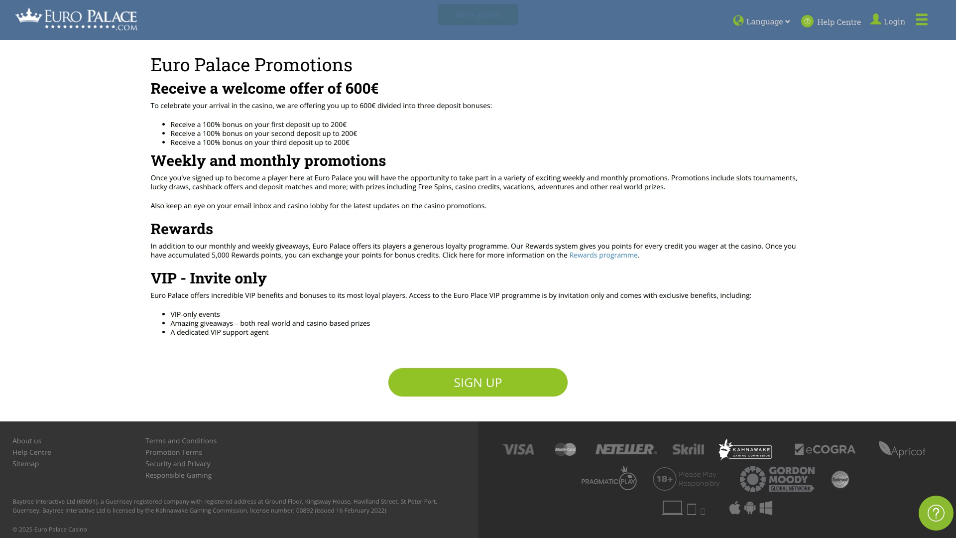 Promotions du casino Euro Palace (version bureau)