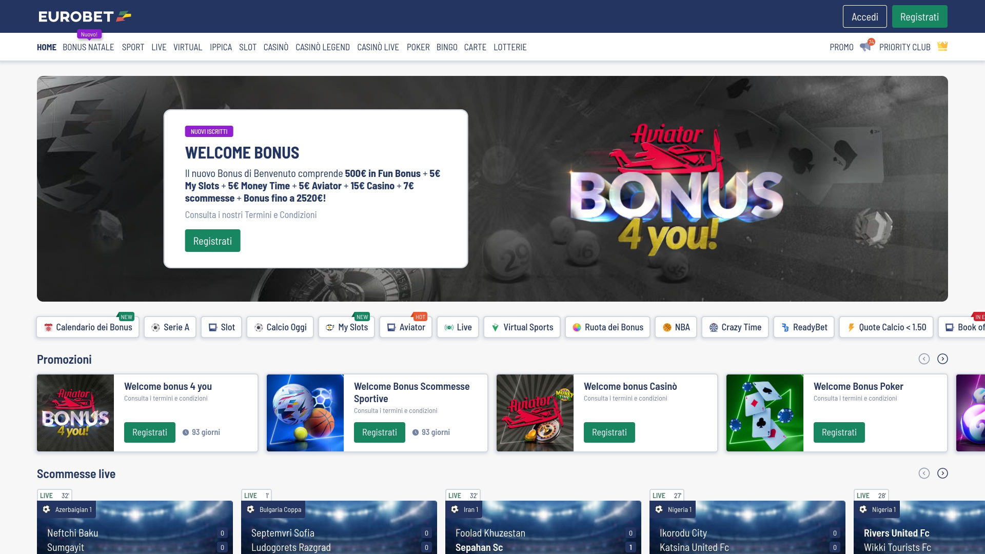 Página inicial do Eurobet Casino (versão para computador)