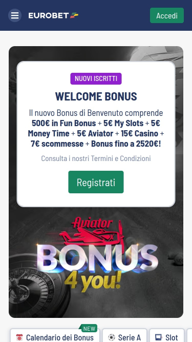 Página inicial do Eurobet Casino para dispositivos móveis