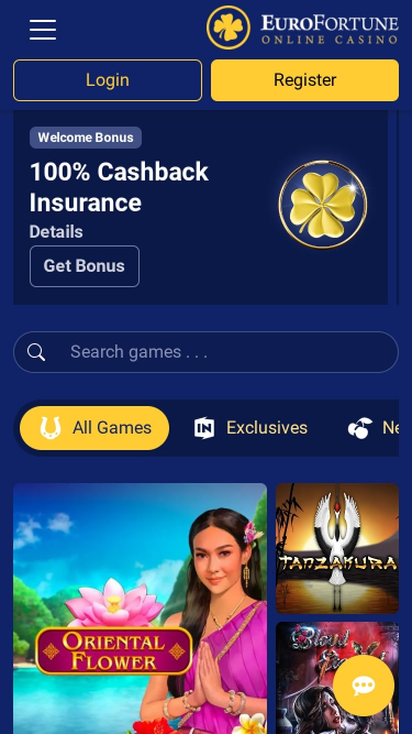 Página de inicio del casino EuroFortune para dispositivos móviles