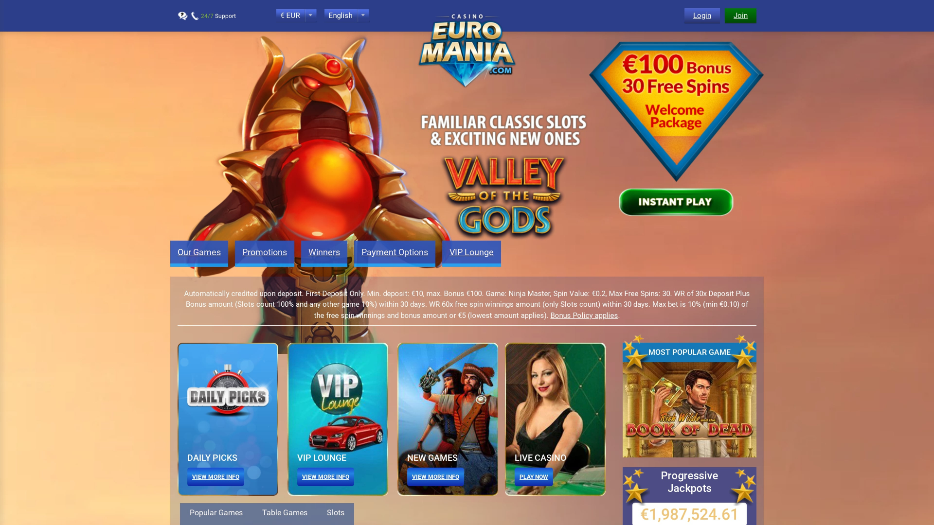 EuroMania Casino Homepage Desktop