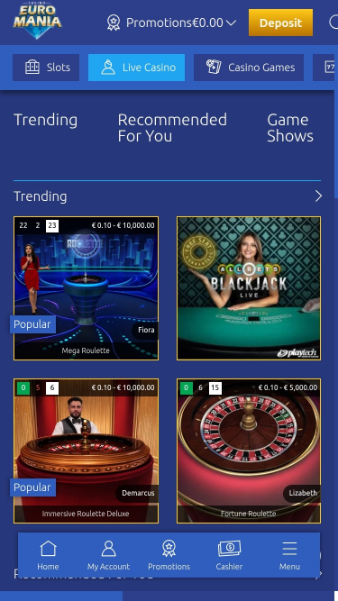 EuroMania Casino Live Dealer Mobile