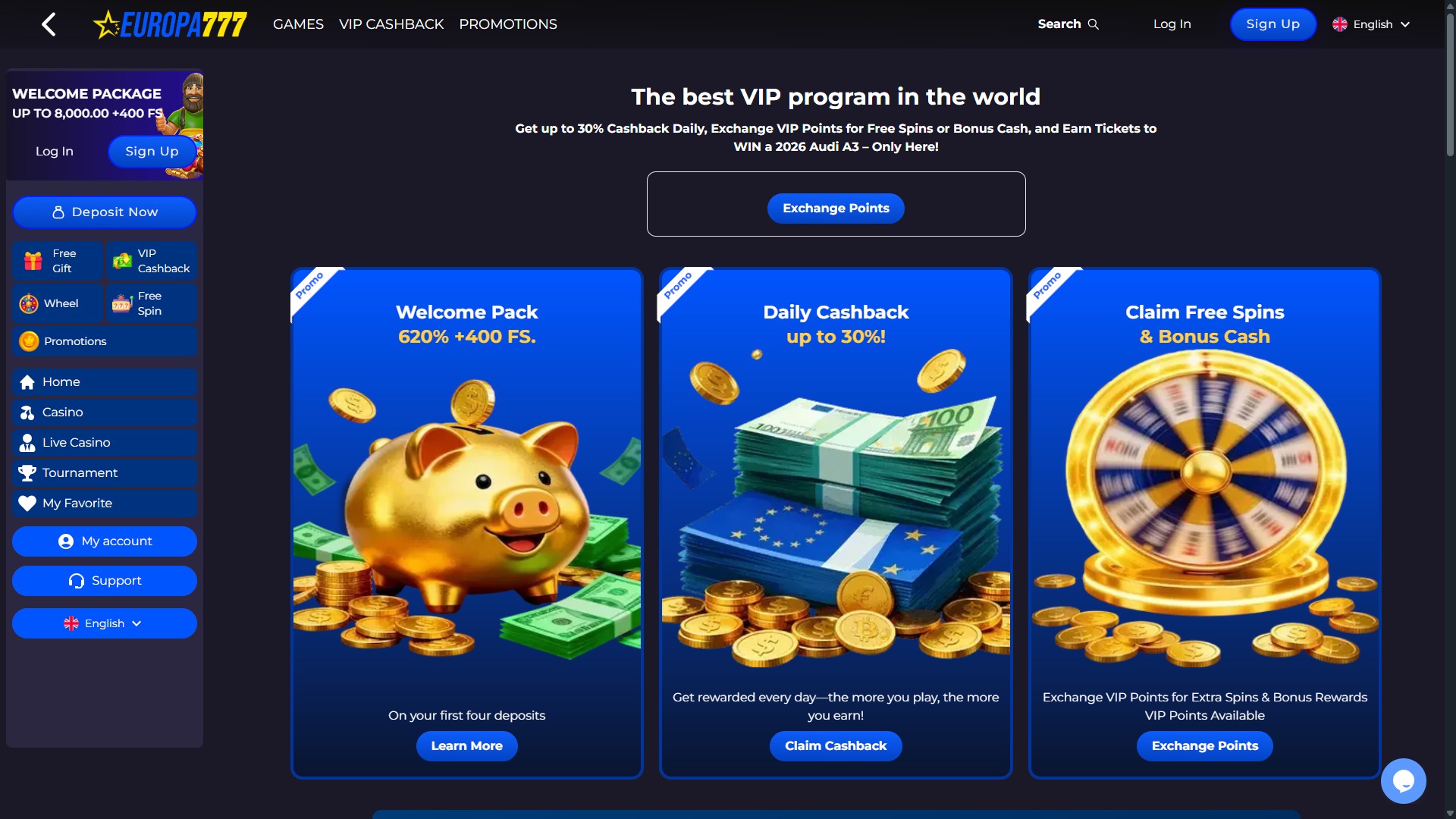 Programme VIP pour ordinateur de bureau du casino Europa777