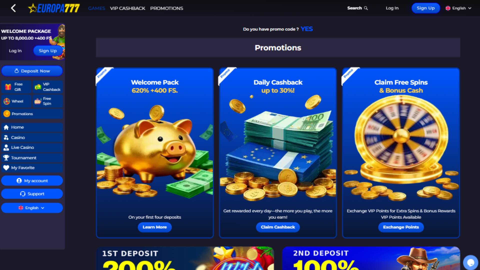 Скриншот страницы с акциями казино Europa777