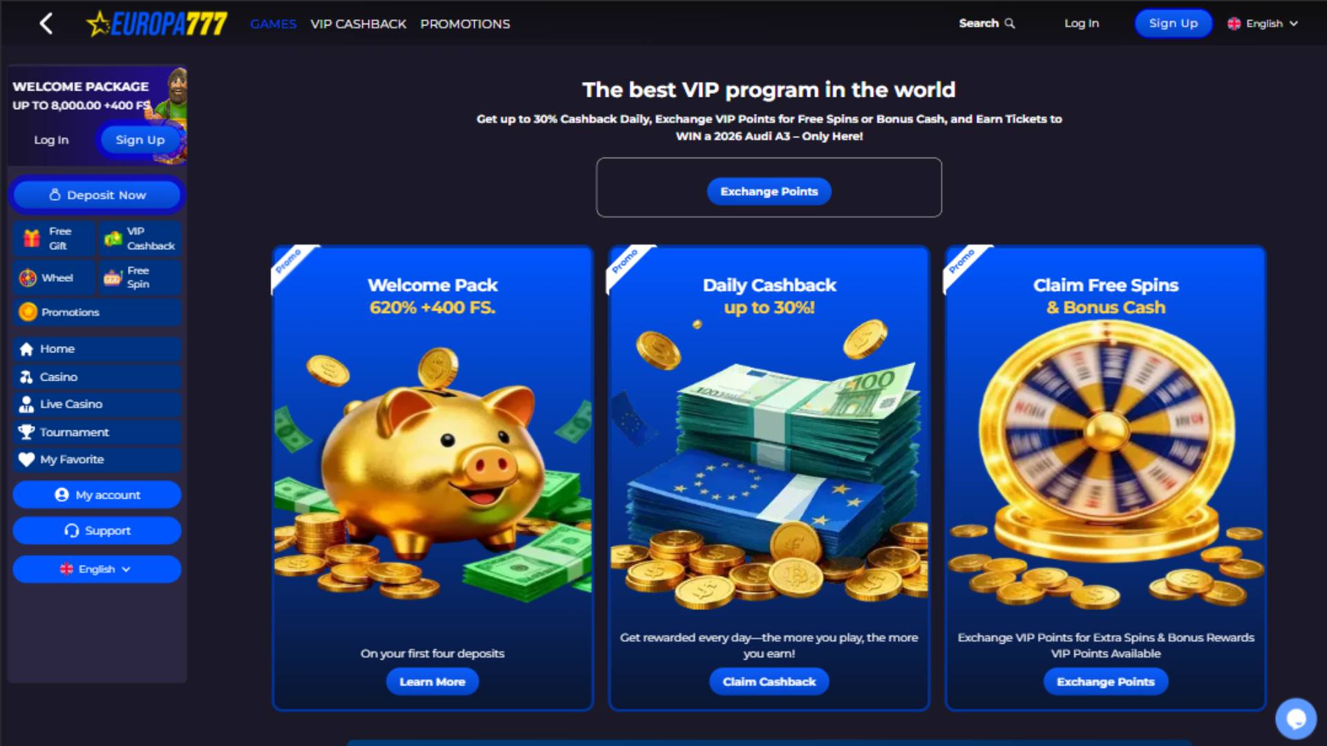 Скриншот VIP-страницы казино Europa777