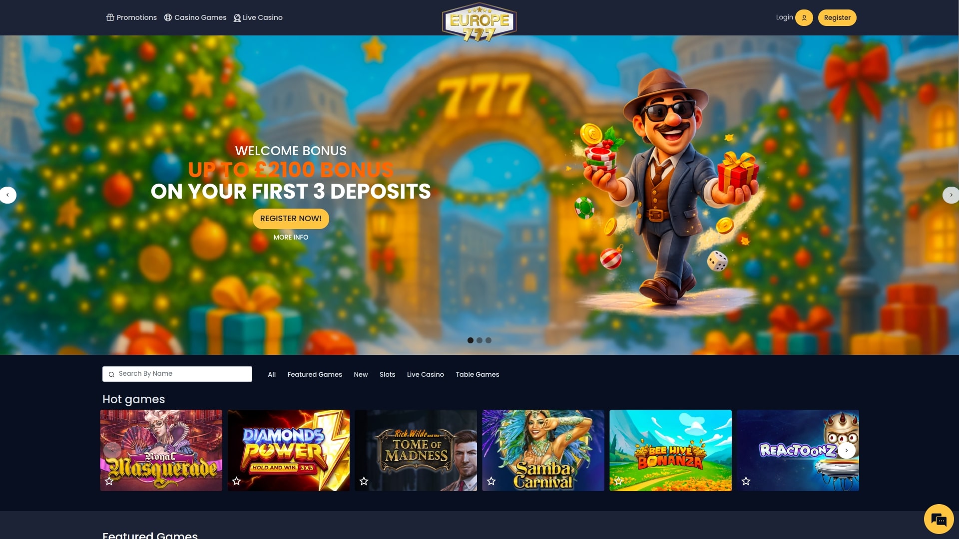 Page d'accueil du casino Europe 777 (version ordinateur)