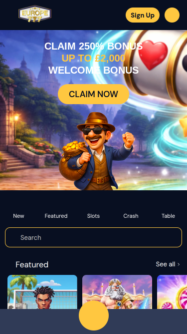 Page d'accueil mobile du casino Europe 777