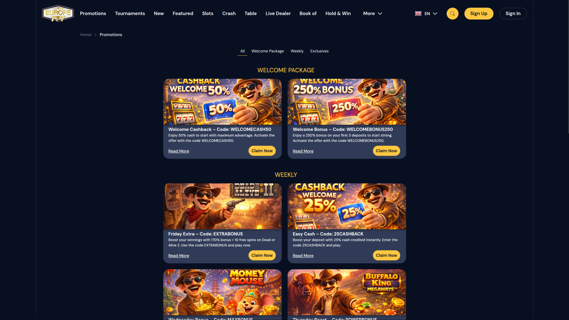 Promotions du casino Europe 777 sur ordinateur