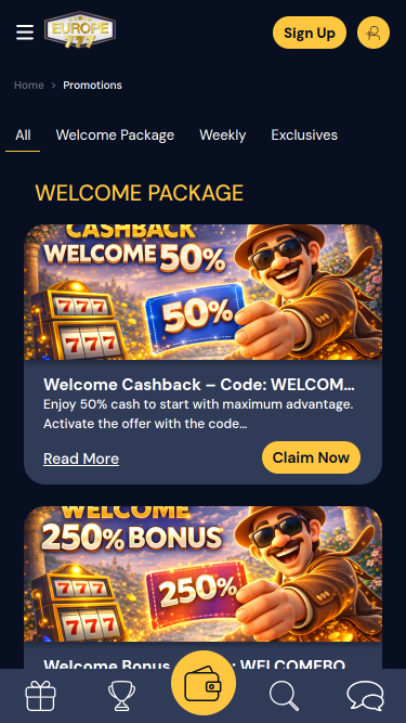 Promotions mobiles du casino Europe 777