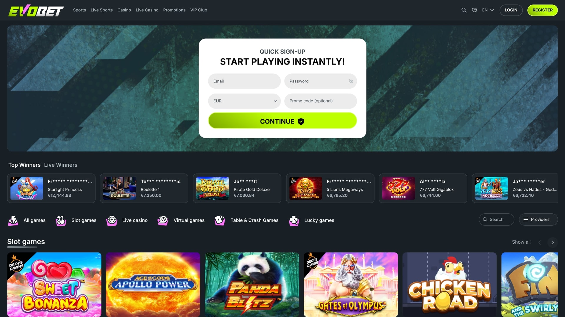Evobet Casino Homepage Desktop