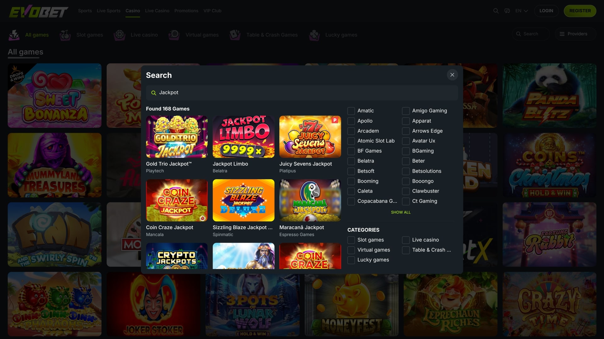 Evobet Casino Jackpot Desktop