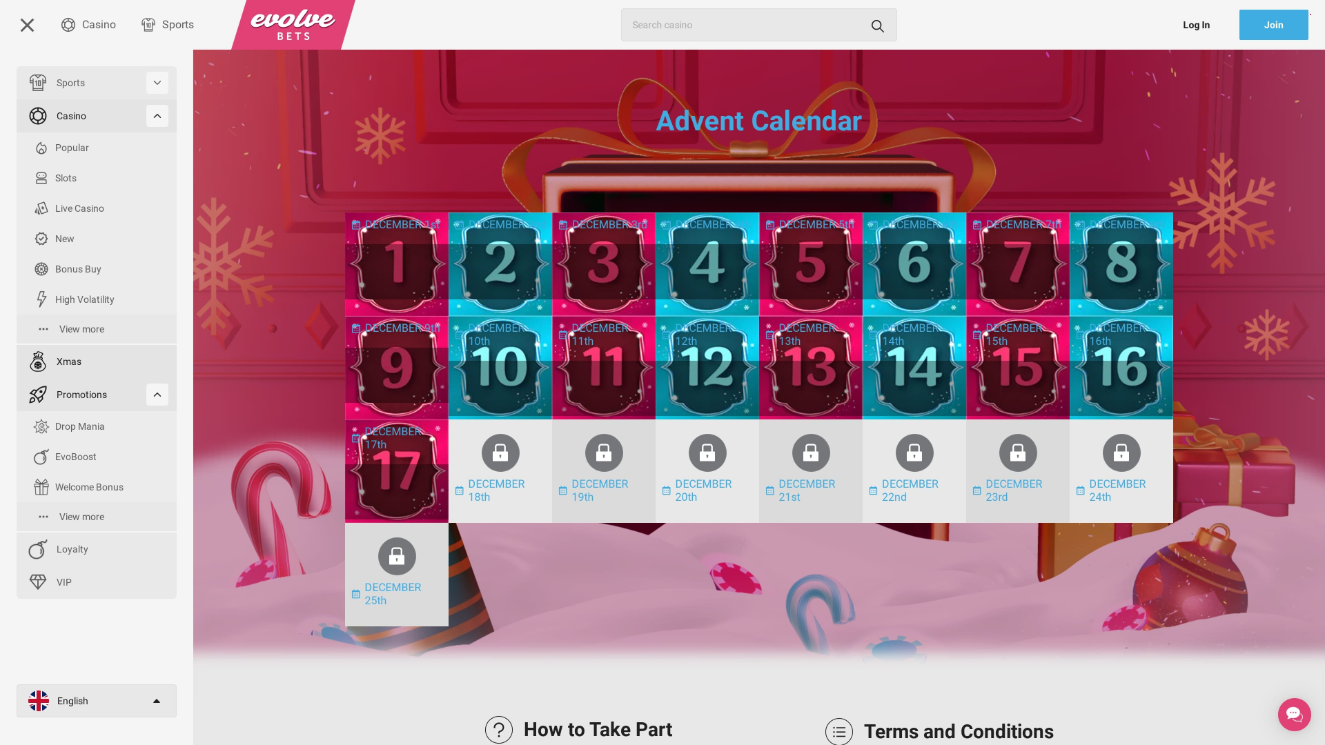 Calendario dell'avvento desktop di Evolve Casino