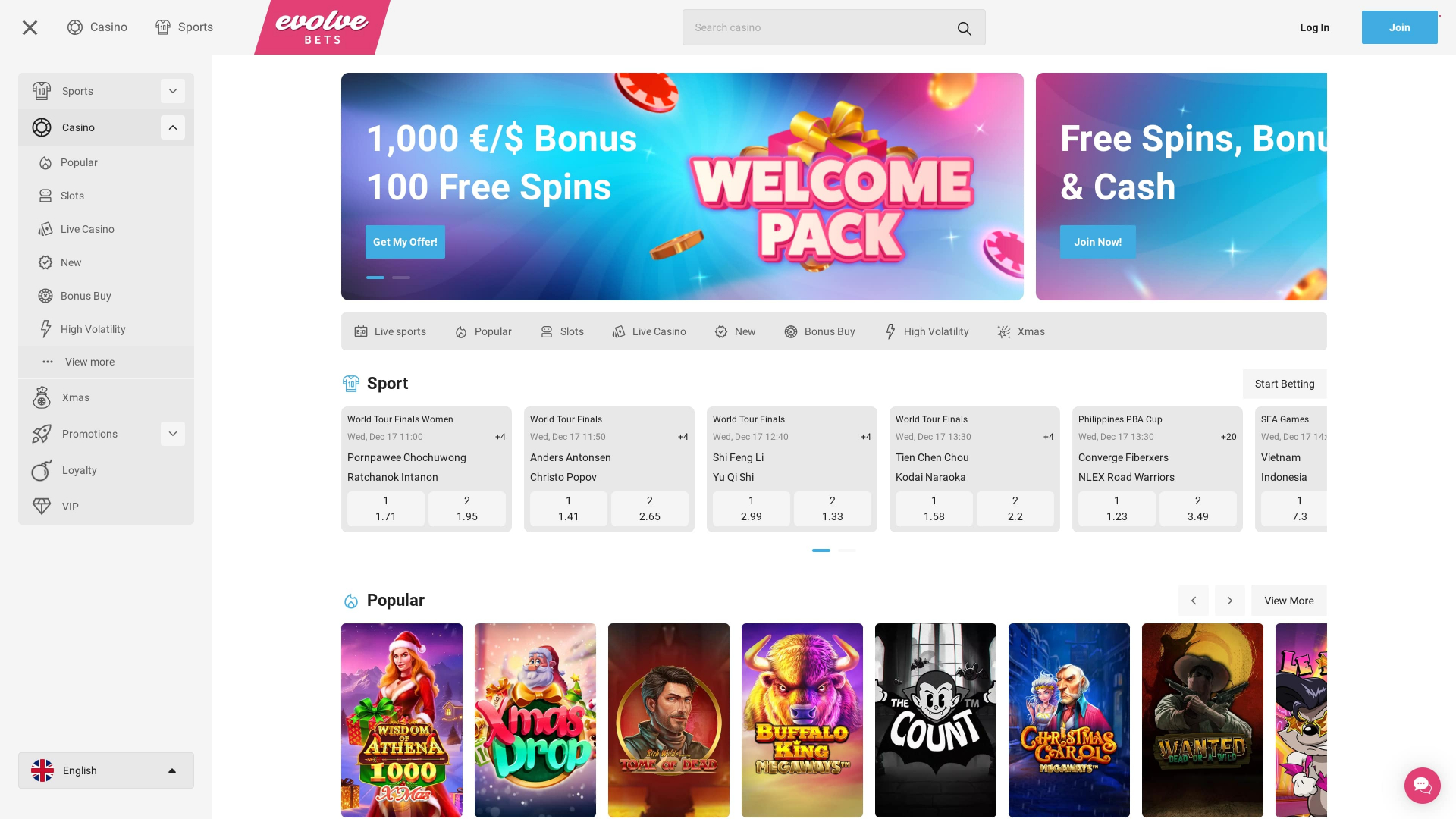 Homepage desktop di Evolve Casino