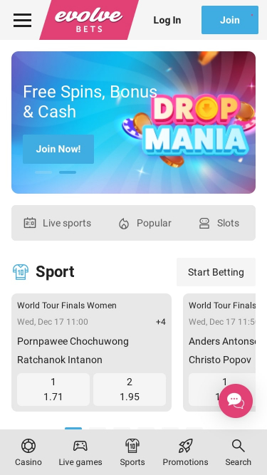 Homepage mobile di Evolve Casino
