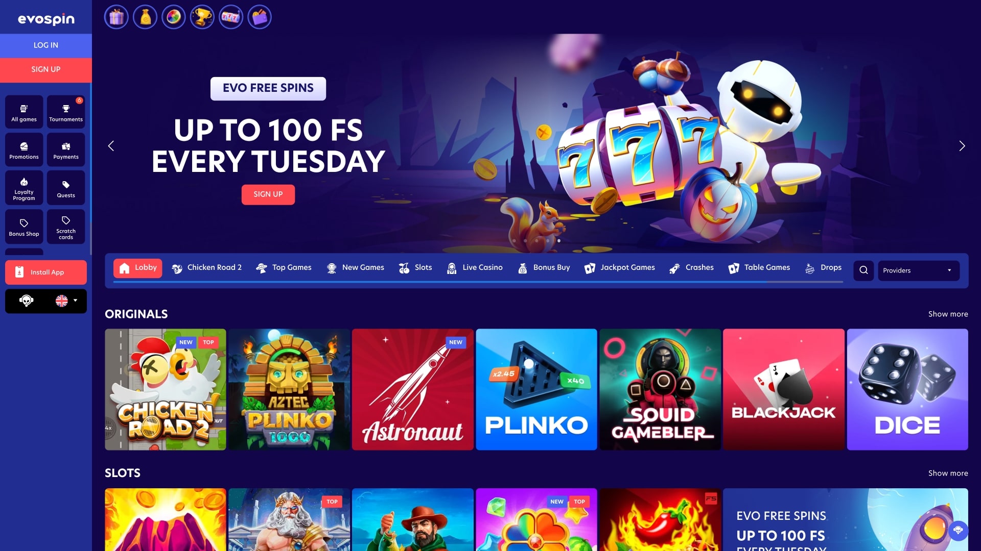 EvoSpin Casino Página de Inicio Escritorio