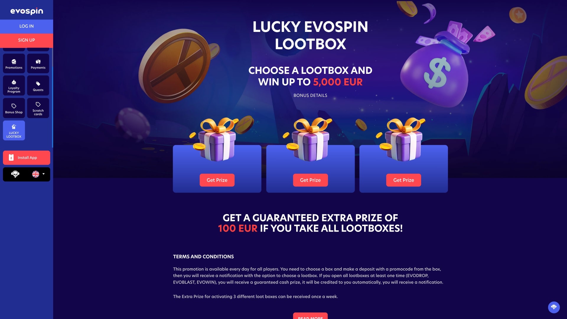 EvoSpin Casino Caja de Botín de la Suerte Escritorio
